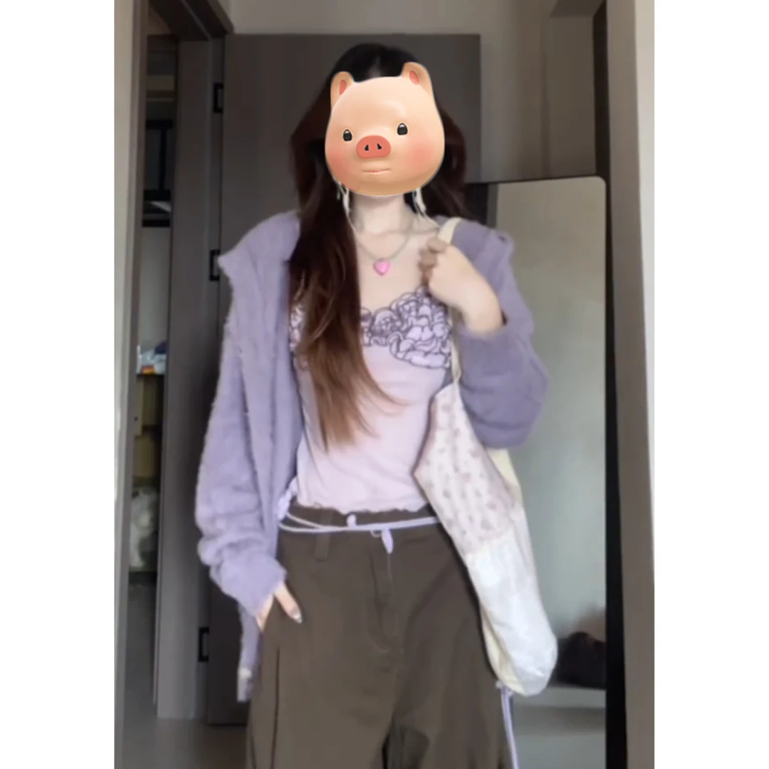 紫色仿水貂绒毛衣开衫女秋冬慵懒风外搭针织外套巨好看的早秋上衣