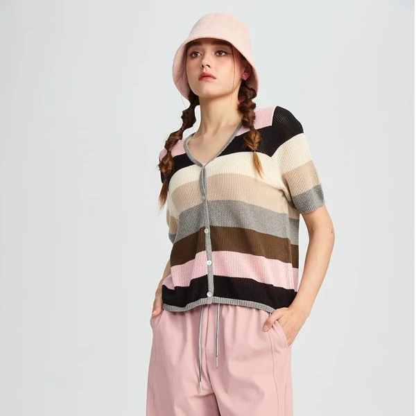 水淼/2025夏季新款时尚休闲减龄V领彩色毛织开衫  20300