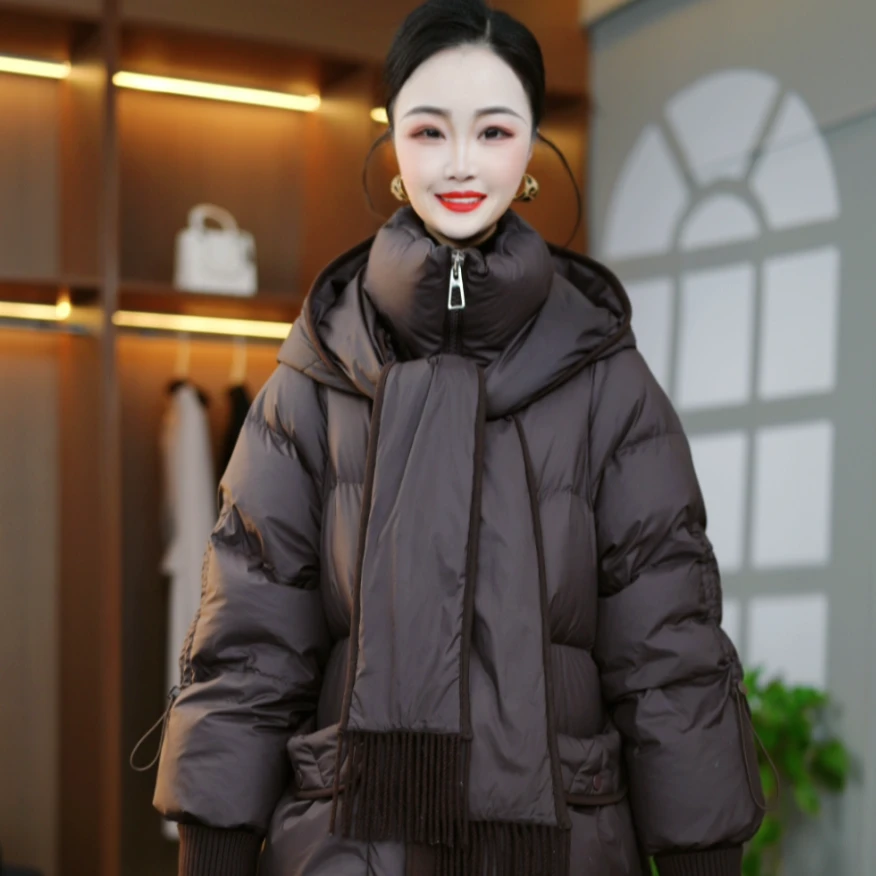 冬季新款优雅时尚百搭气质显瘦减龄带围巾鸭绒羽绒服外套M-XL