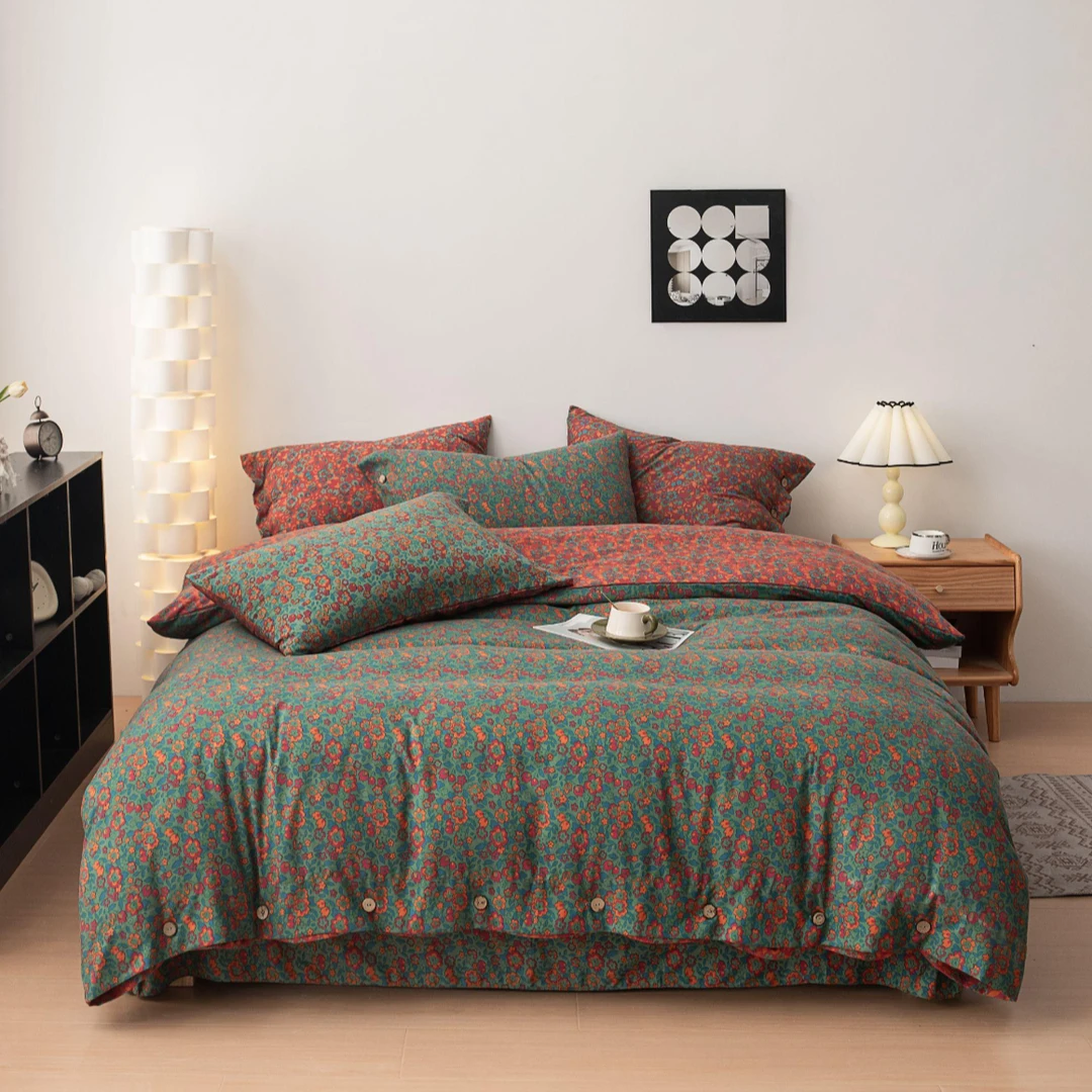 美式复古小碎花四件套水洗甄肤棉套件床上用品夹棉印花轻奢针织