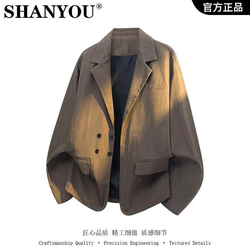 休闲西装新外套男春秋季竖纹双排扣西装拼色小格子宽松高级感百搭