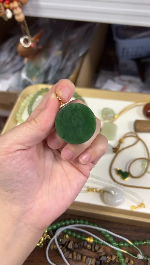 项链银S925镶嵌和田玉和田玉碧玉大圆满牌银吊坠[0468]