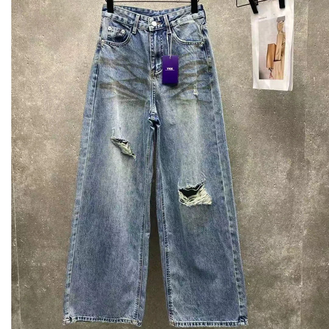 十八【B980】复古怀旧破洞阔腿直筒牛仔裤