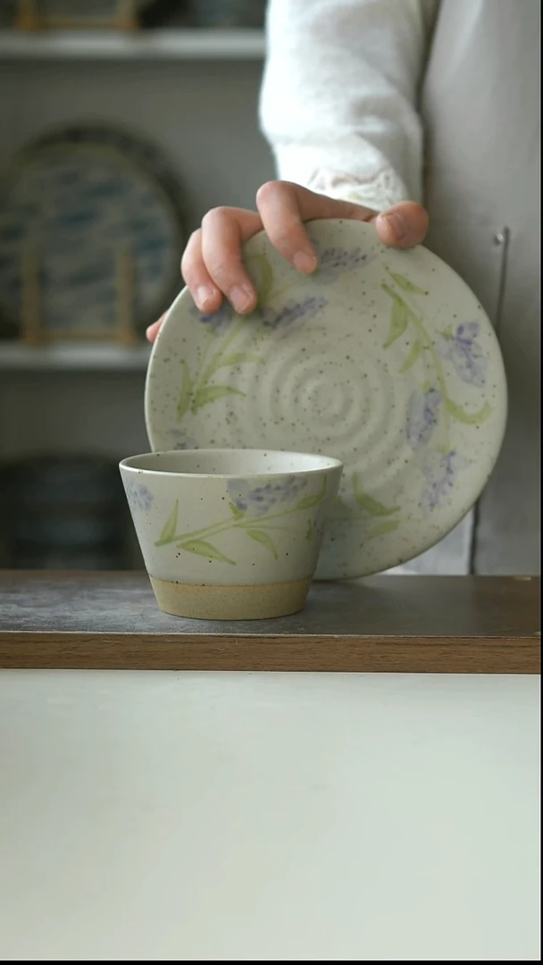 陶瓷粗陶手绘薰衣草猪口杯+早餐盘@7-6@