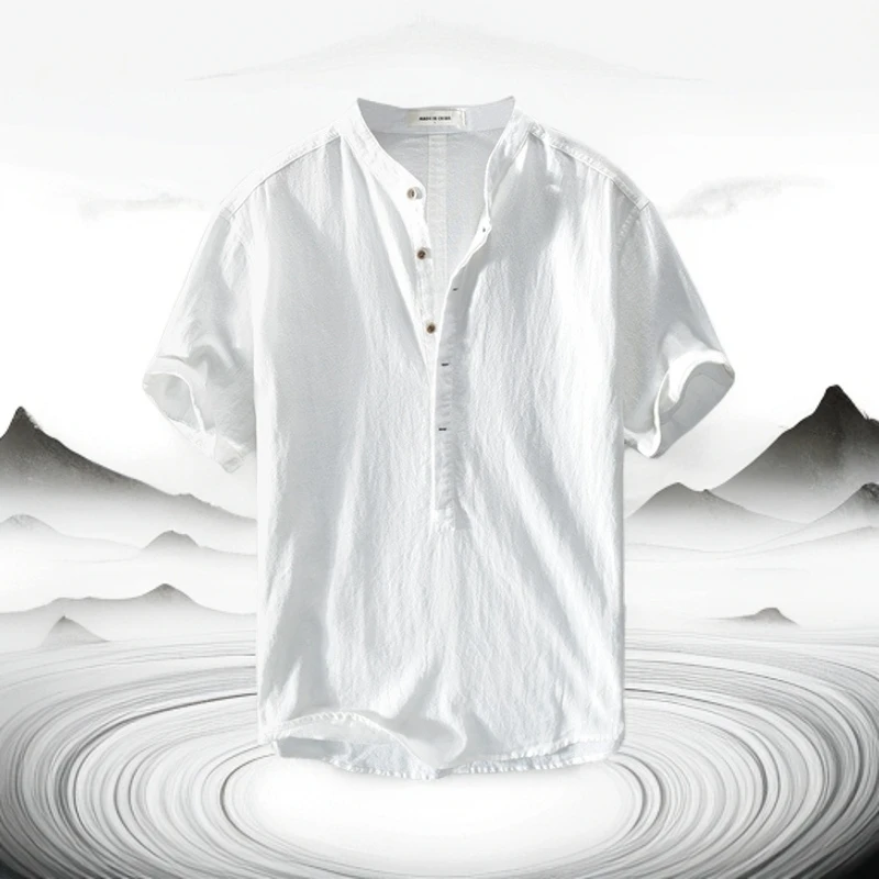 夏季简约棉麻休闲男士衬衫套头帅气宽松青年衬衣纯色透气百搭复古