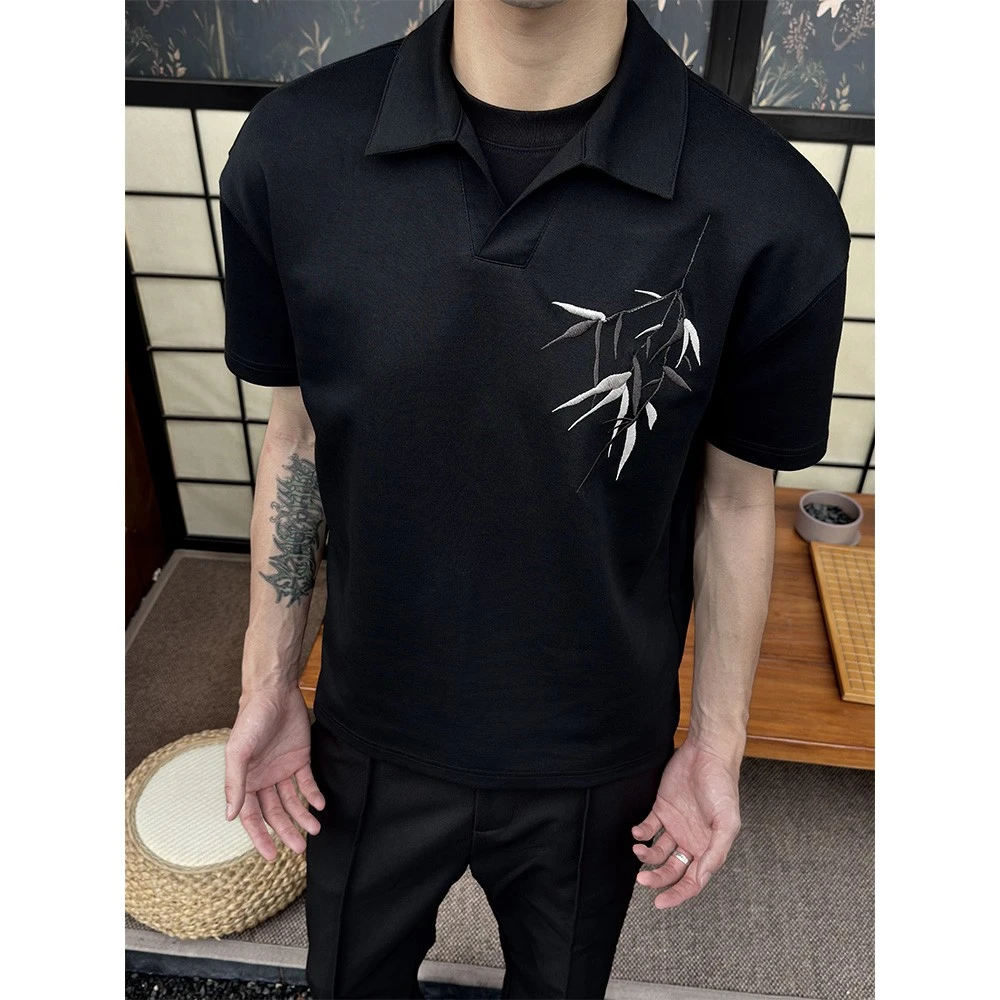 WESSK竹叶提花刺绣V领260g夏季cleanfit休闲百搭透气polo短袖衬衫