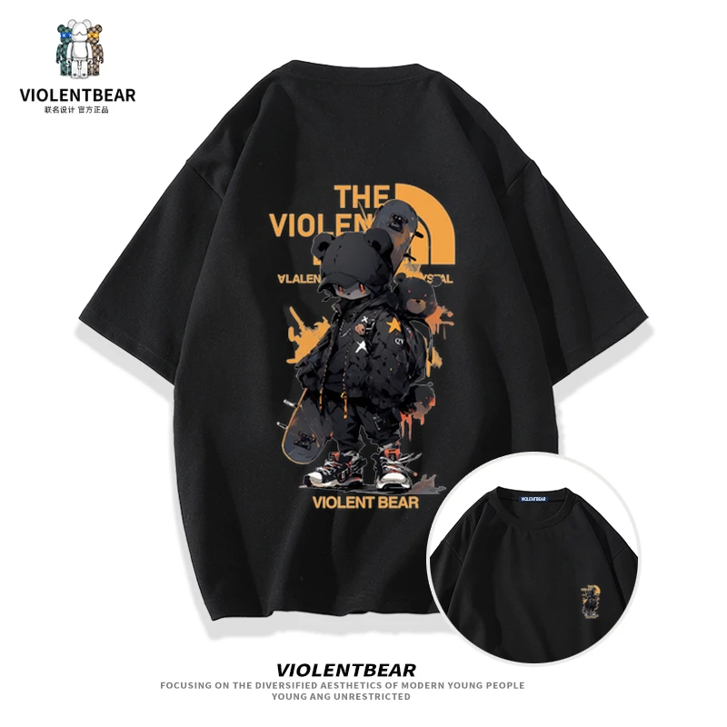 暴力熊夏季男士短袖轻奢t恤美式宽松潮流印花百搭时尚短袖男t恤