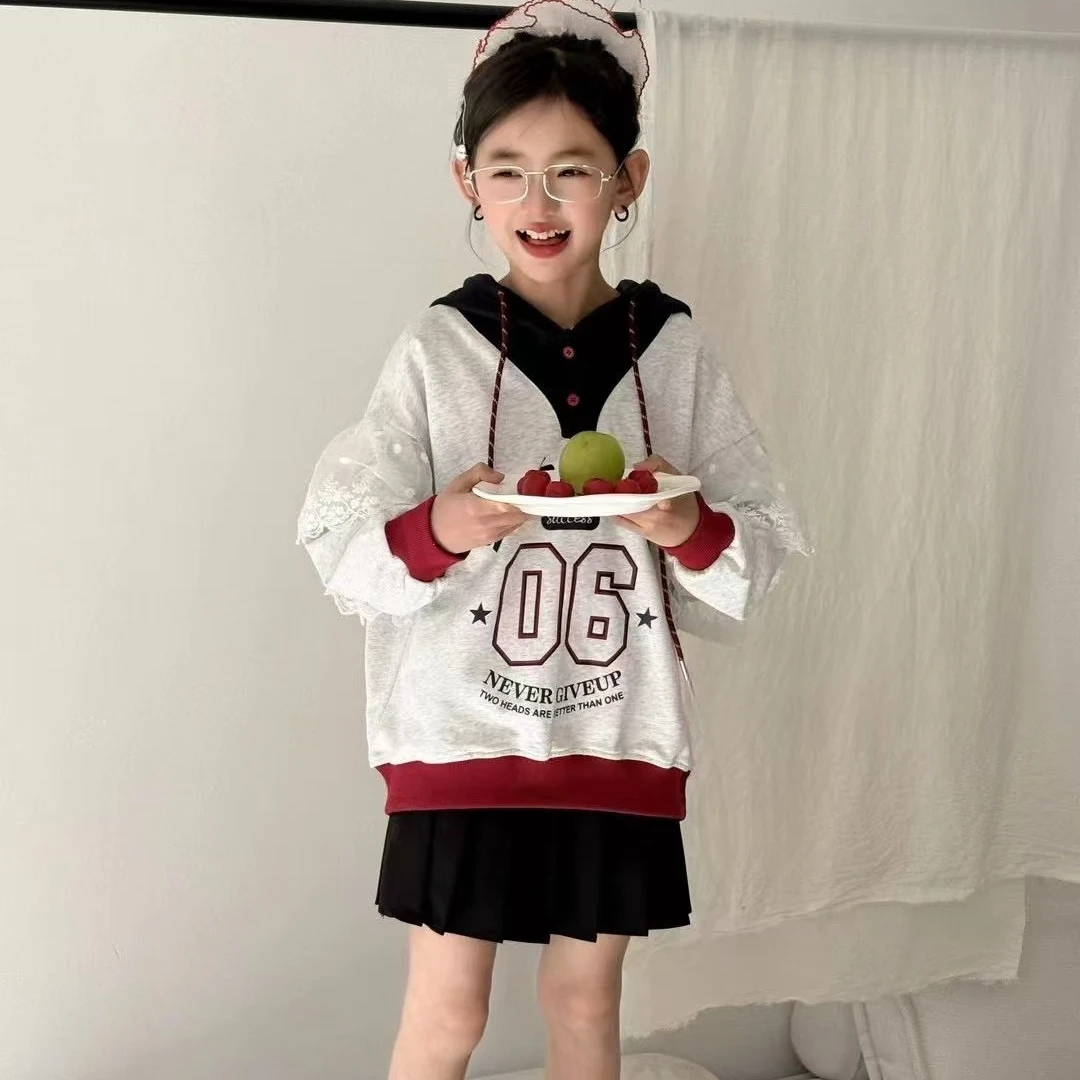 【泡泡说】女童春装卫衣2025新款洋气儿童韩版连帽套头撞色长袖潮装