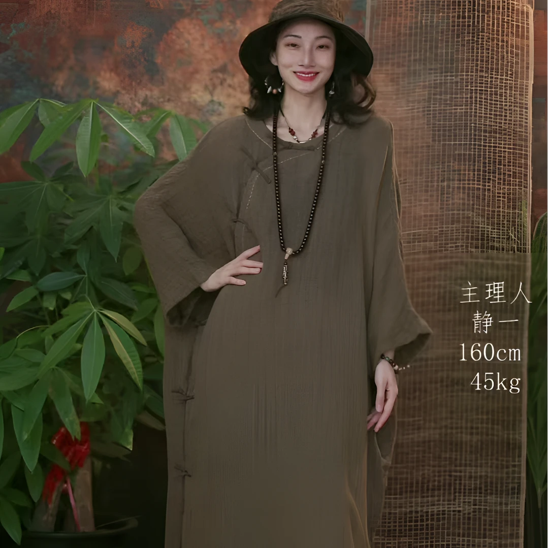 静一棉麻【霜华】#240327 粗麻斜襟盘扣多手工长袍