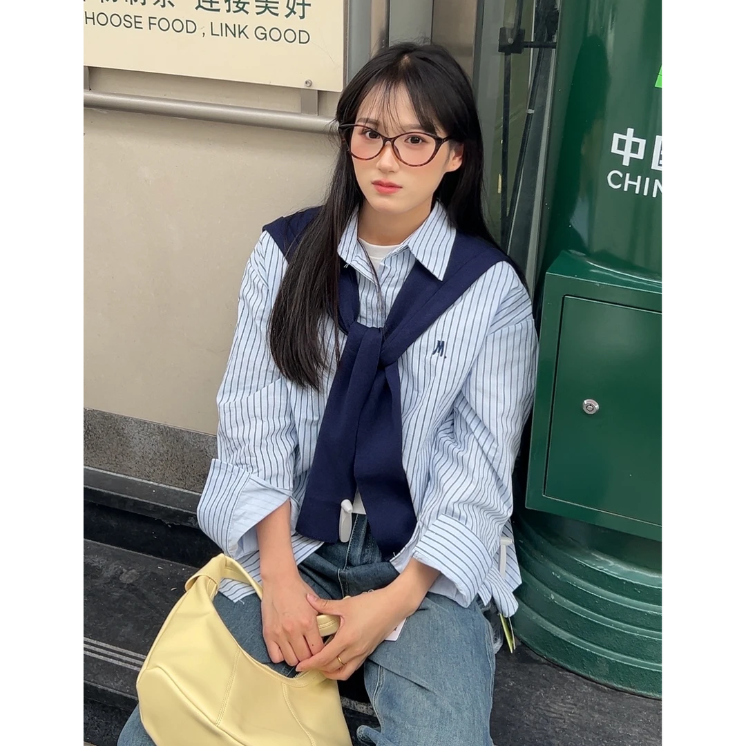 38#【2025】春季上新/条纹刺绣衬衫/披肩两件装