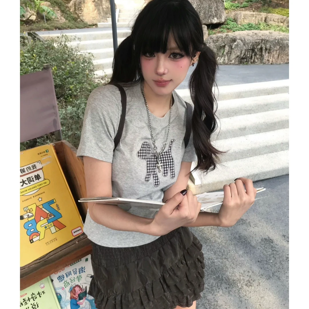 美式辣妹正肩短袖女夏季新款格纹小狗印花灰色t恤vintage修身上衣