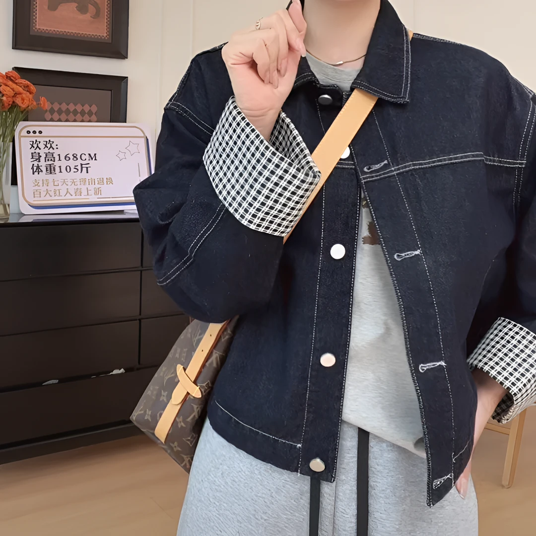 【YHH】春季休闲宽松翻领袖口拼接牛仔外套-YHW50096