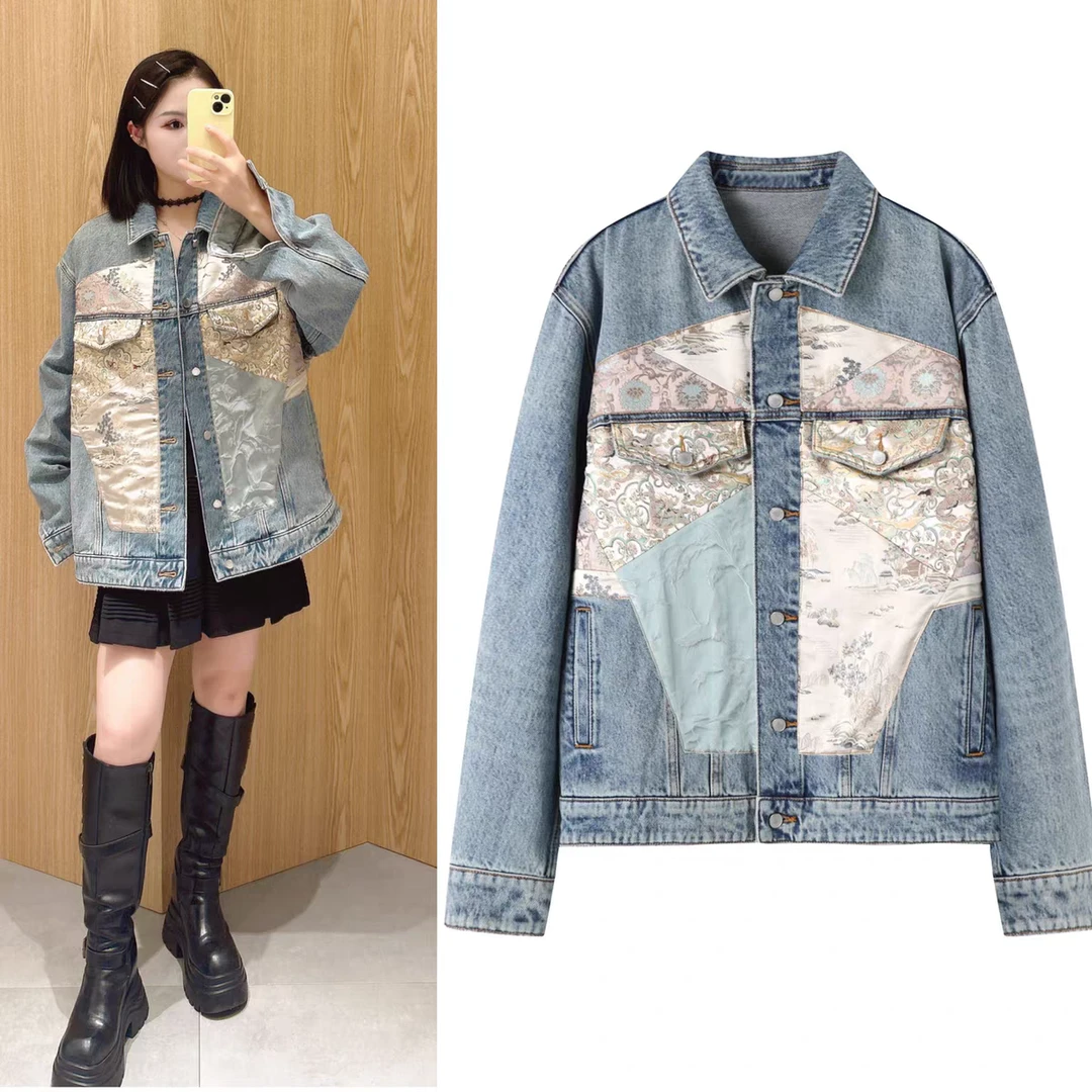 【拼接牛仔】25秋季新款时尚复古国风拼接刺绣翻领牛仔长袖开衫2736