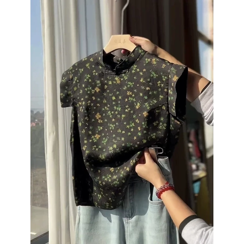 惊艳感满满！新中式气质高级黑撞色碎花旗袍立领无袖衬衫女夏季
