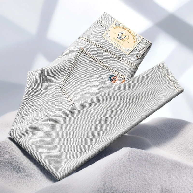 宾斯洛特夏季新款浅色牛仔裤男时尚简约修身长裤微弹百搭九分裤子