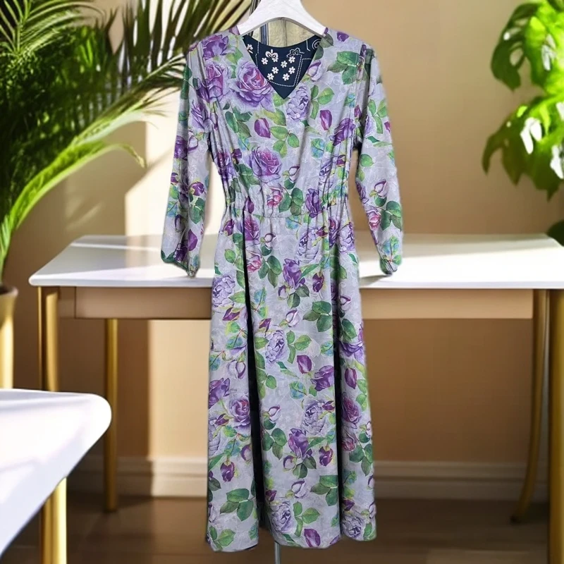 A135碎花气质春季国风百搭女士夏季印花紫色时尚双面穿连衣裙