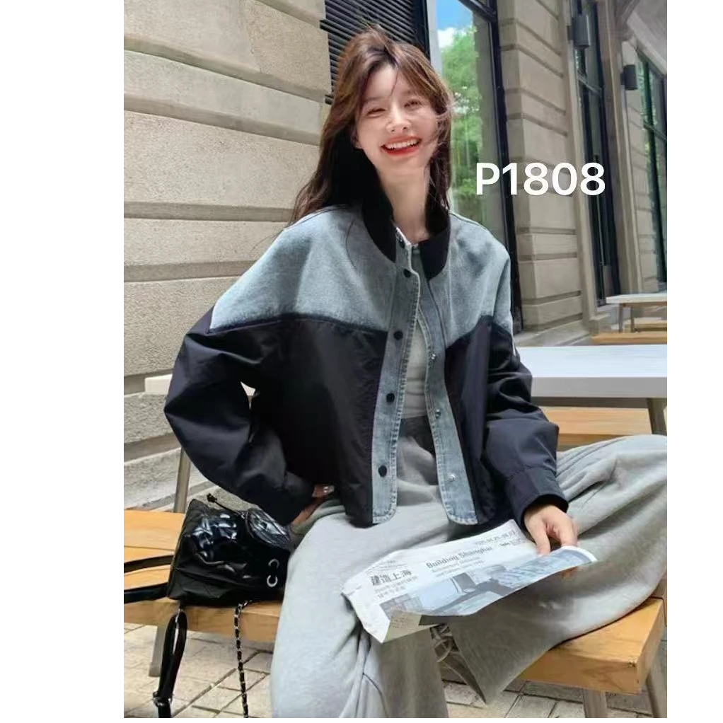 D1508秋新款韩系宽松休闲工装风撞色立领牛仔拼接短外套女