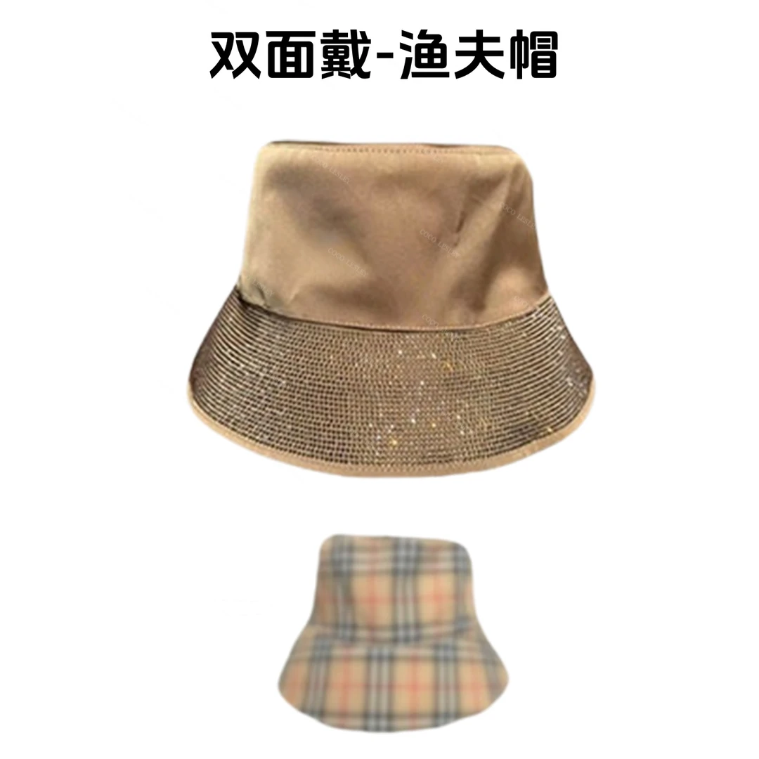 2025新款经典格子烫钻双面渔夫帽