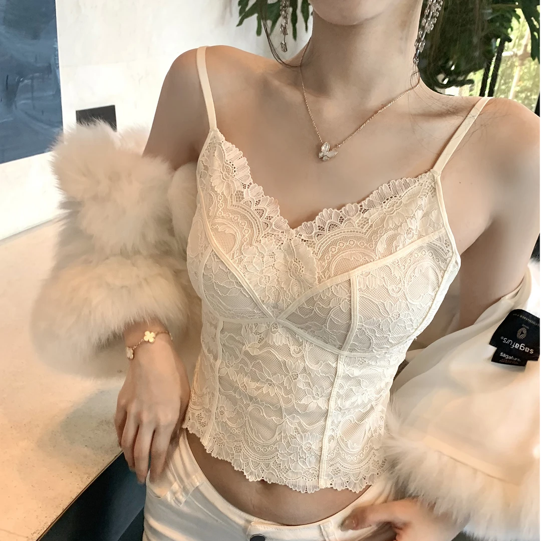 高级感蕾丝V领吊带显瘦柔软白色女士背心亲肤无袖针织上衣打底衫