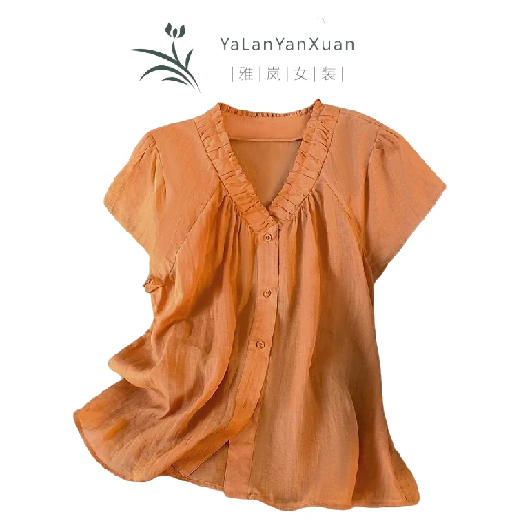 【雅岚女装】时尚洋气显瘦驰法式设计衬衫夏短袖领上衣文艺纯色气质