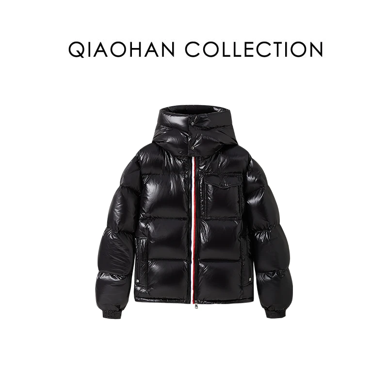 【俏韩//彩虹条】新款加厚休闲白鹅绒连帽黑色情侣冬季保暖羽绒服