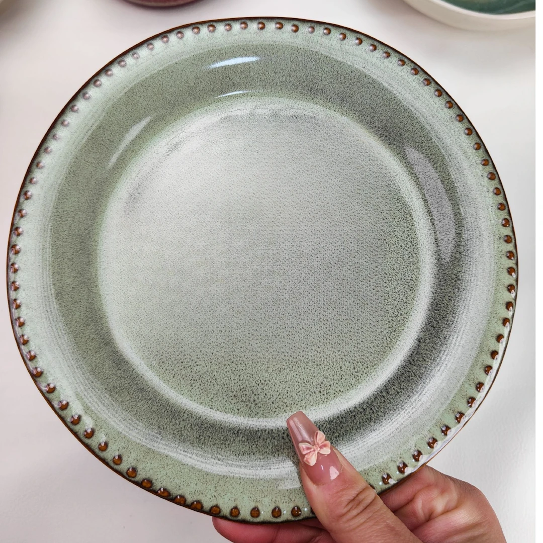 法式绿色复古翻边8英寸异形创意浅盘中西餐盘浮雕釉下彩陶瓷实用