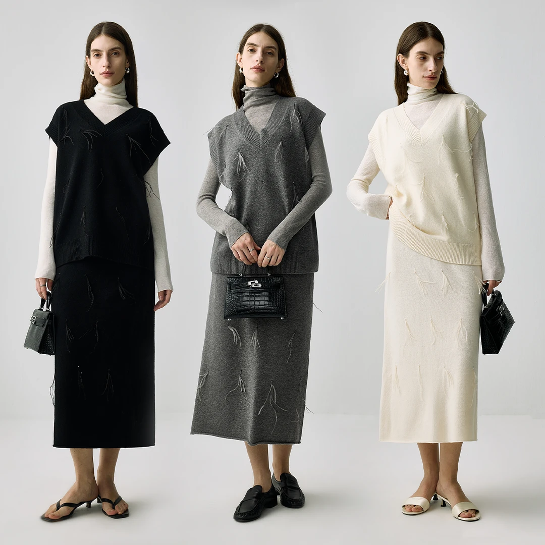 INTO WELL 羽衣若仙 重工羽毛钉珠装饰羊毛针织马甲直筒半裙套装