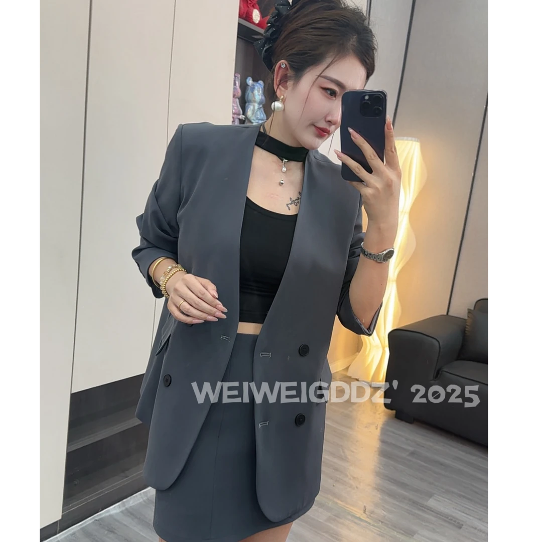 V领西服套装长袖2025春季女装新款时尚显瘦休闲百搭两件套