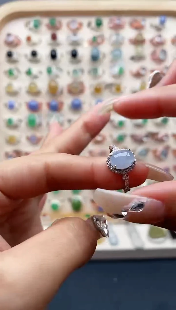 【闪购商品】翡翠戒指银S925镶嵌缅甸天然A货翡翠111  9+ 5