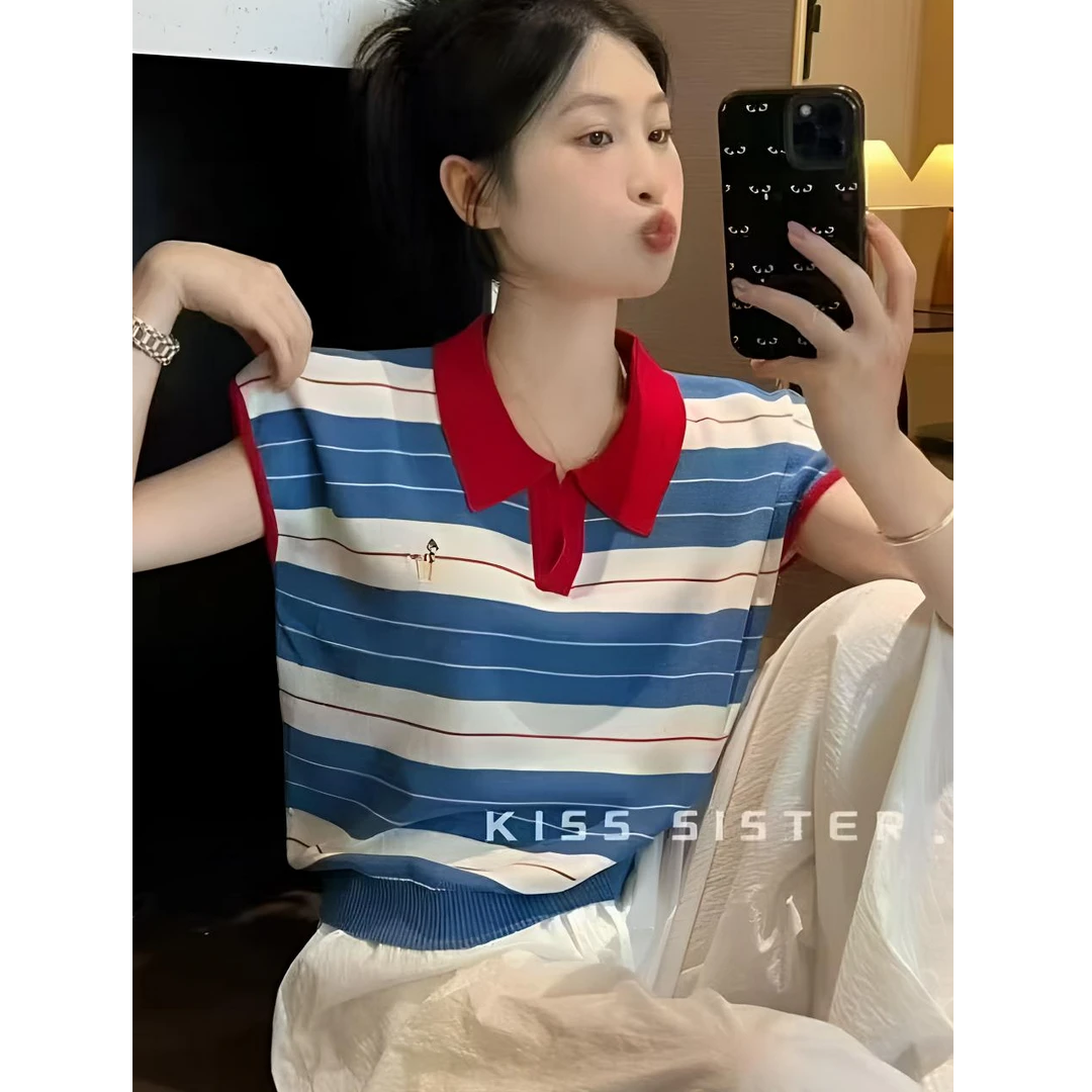 撞色条纹polo领针织短袖女2025初夏穿搭宽松休闲百搭减龄上衣5148