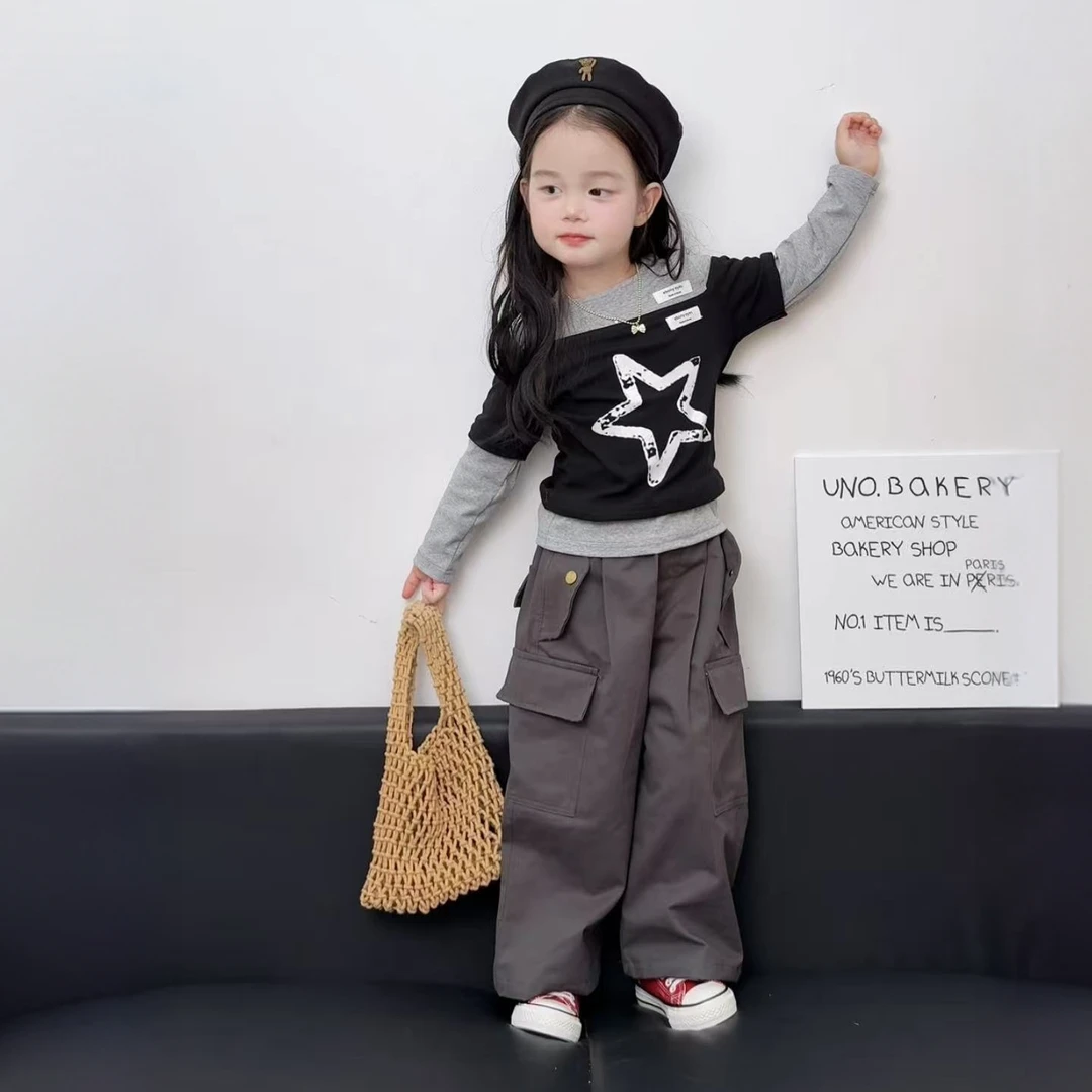 童装女童套装长袖T恤秋季新款韩版儿童上衣潮假两件工装裤