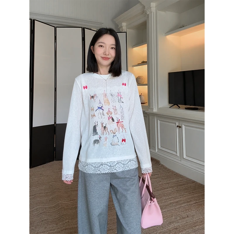 郭九九呢 棉涂鸦印花圆领花边长袖T恤休闲弯刀裤长裤 G925Y13170