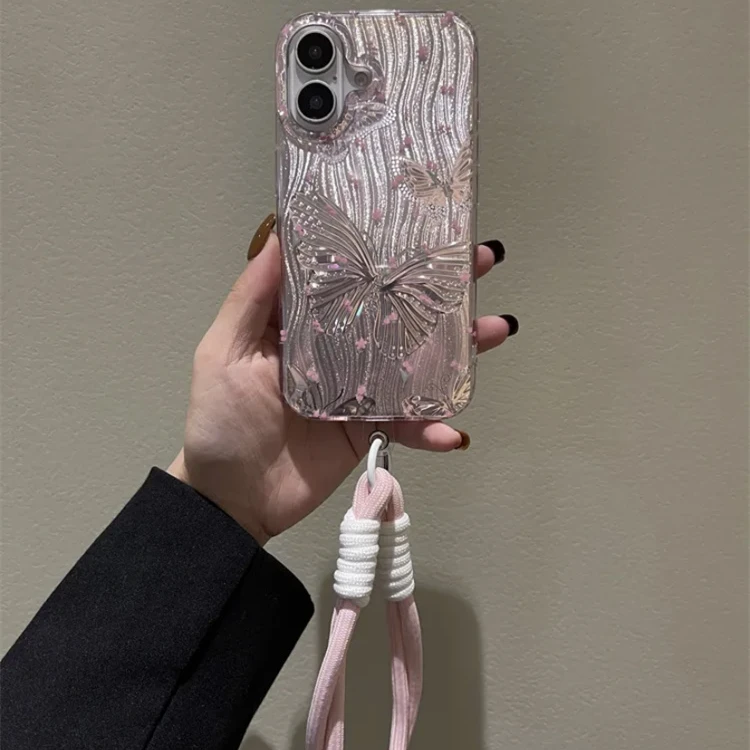 ins藕粉镭射3D感蝴蝶适用苹果16pro手机壳15pro手提14新13pro少女