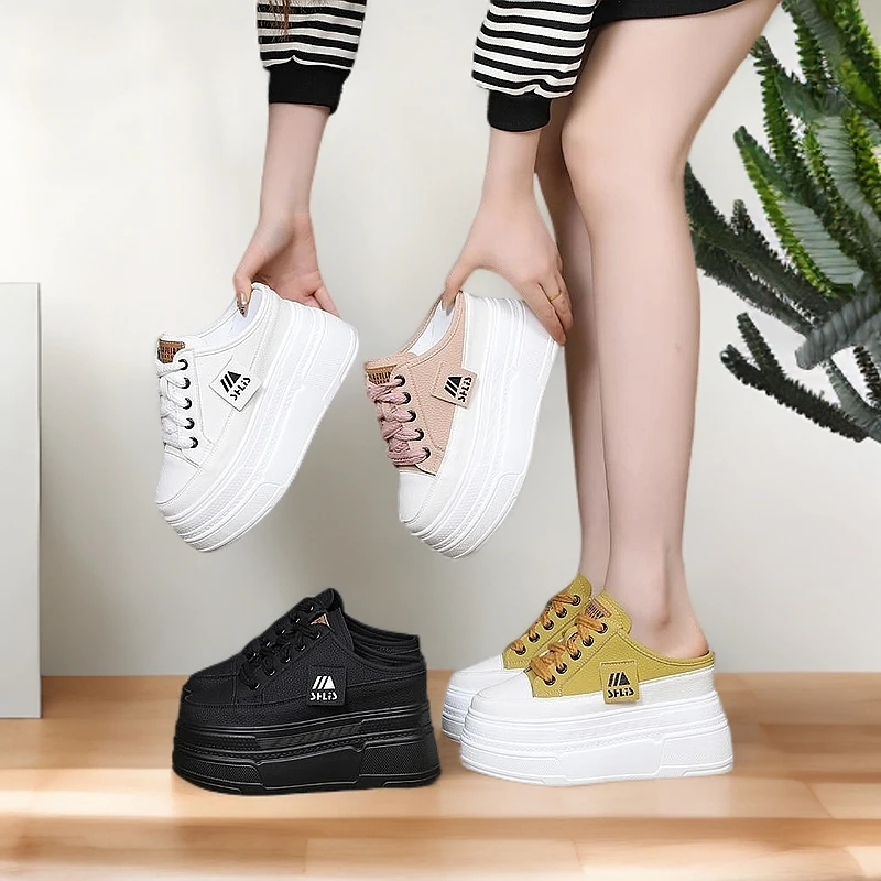 超高跟10、12cm包头半拖女春秋新款懒人一脚蹬小个子内增高小白鞋