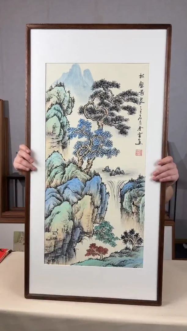 国画手绘*松鹤鸣泉*47*92cm带框发货