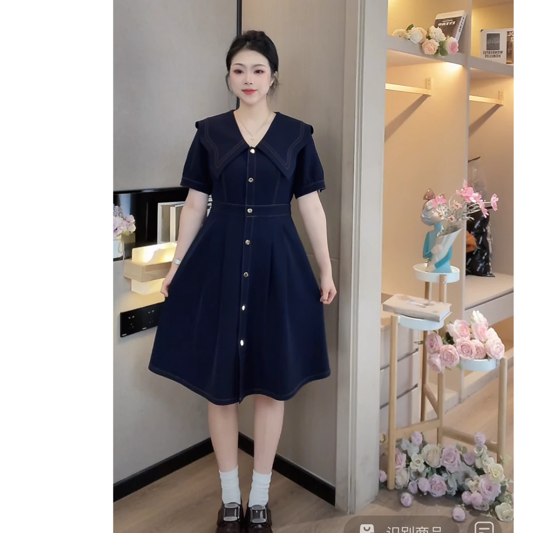 【五季家大码】蓝海初雨夏季气质裙子显瘦赫本风连衣裙ZL53641