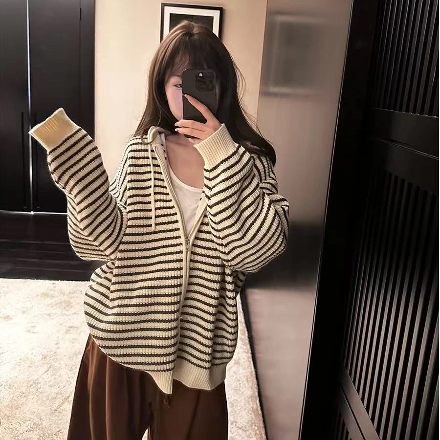 杏色抽绳连帽条纹针织开衫女秋季韩版宽松百搭上衣外套