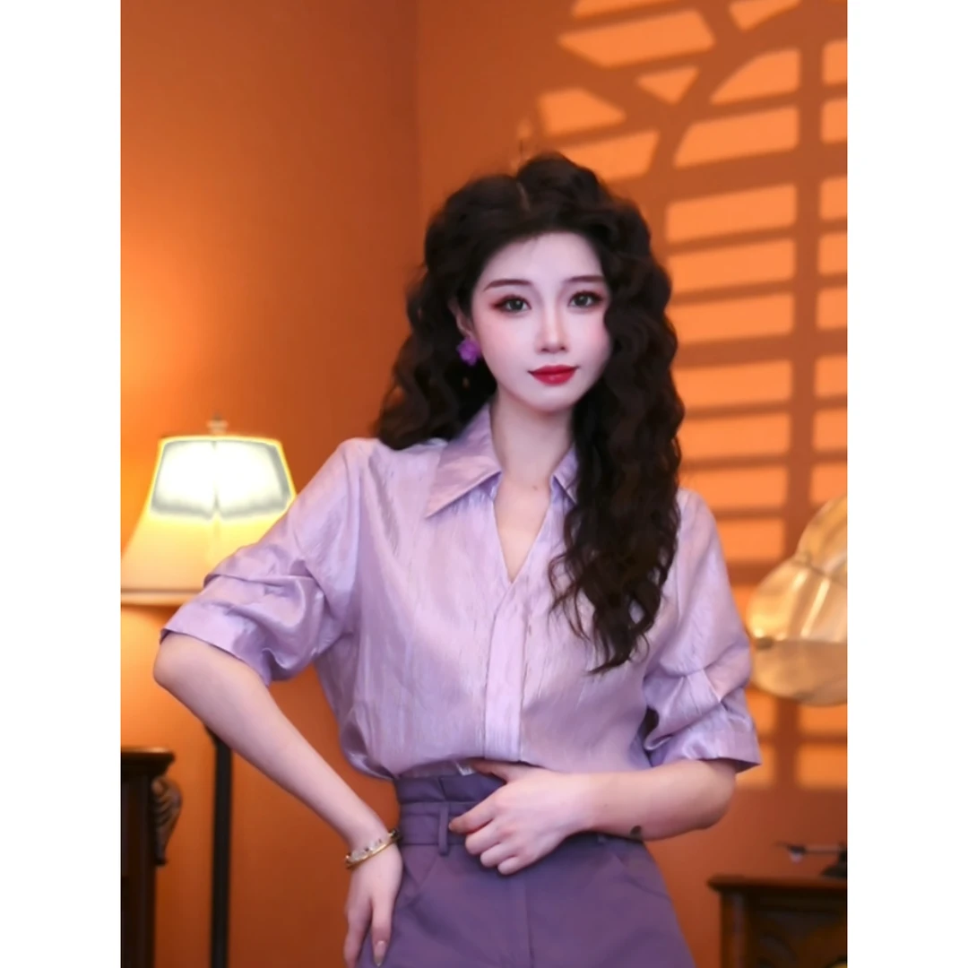 蒋肉肉【葡萄蔓影】港味复古时尚气质短袖上衣02353