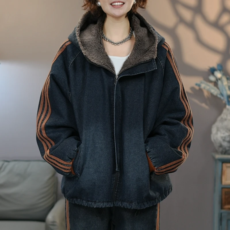 2609黑牛仔棉衣秋冬加绒加厚连帽两面可穿冬季新款外套宽松棉服