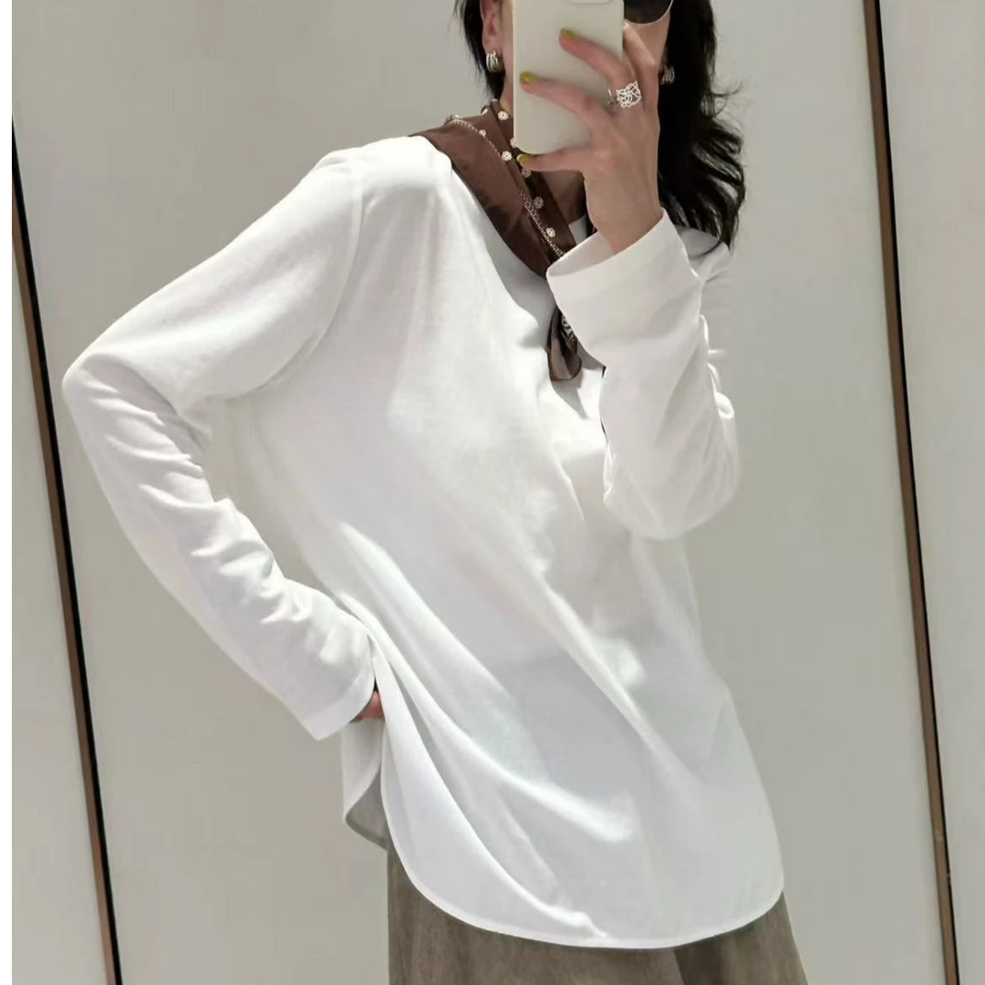 深圳小渔25秋冬长袖长款宽松纯色上衣女士打底