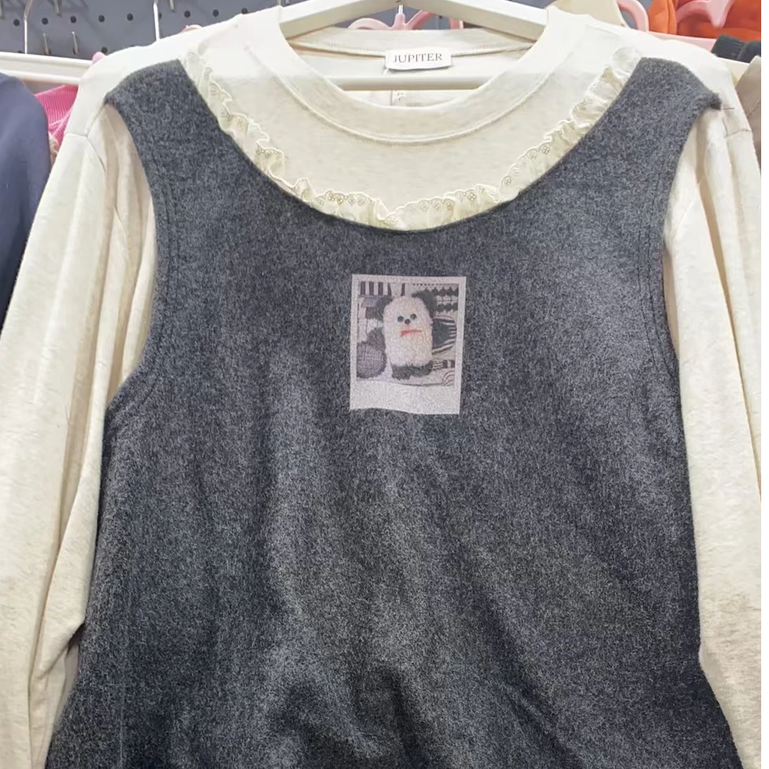 泡菜假两件长袖T恤