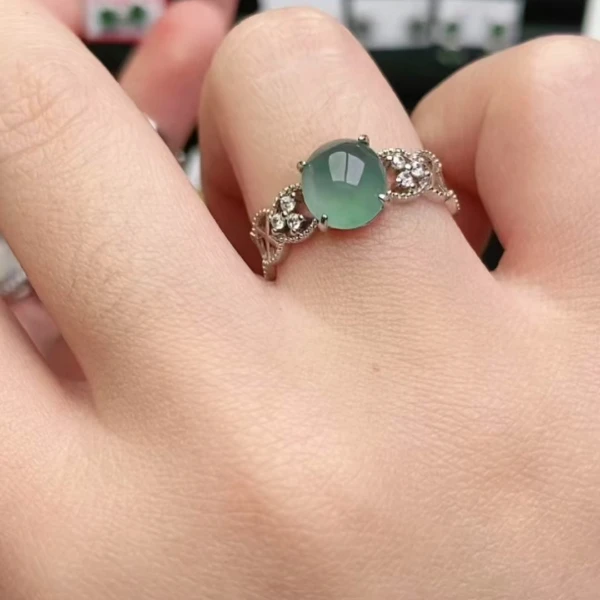 鑫辰珠宝天然A货翡翠银镶嵌设计款开口女戒指时尚百搭