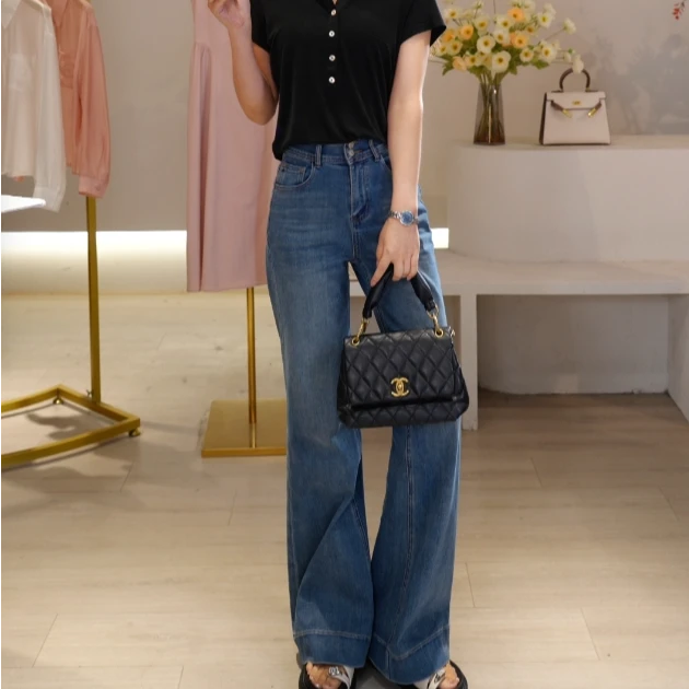 XCENN气质时尚休闲复古修身百搭显瘦女士蓝色牛仔微喇裤A1-01