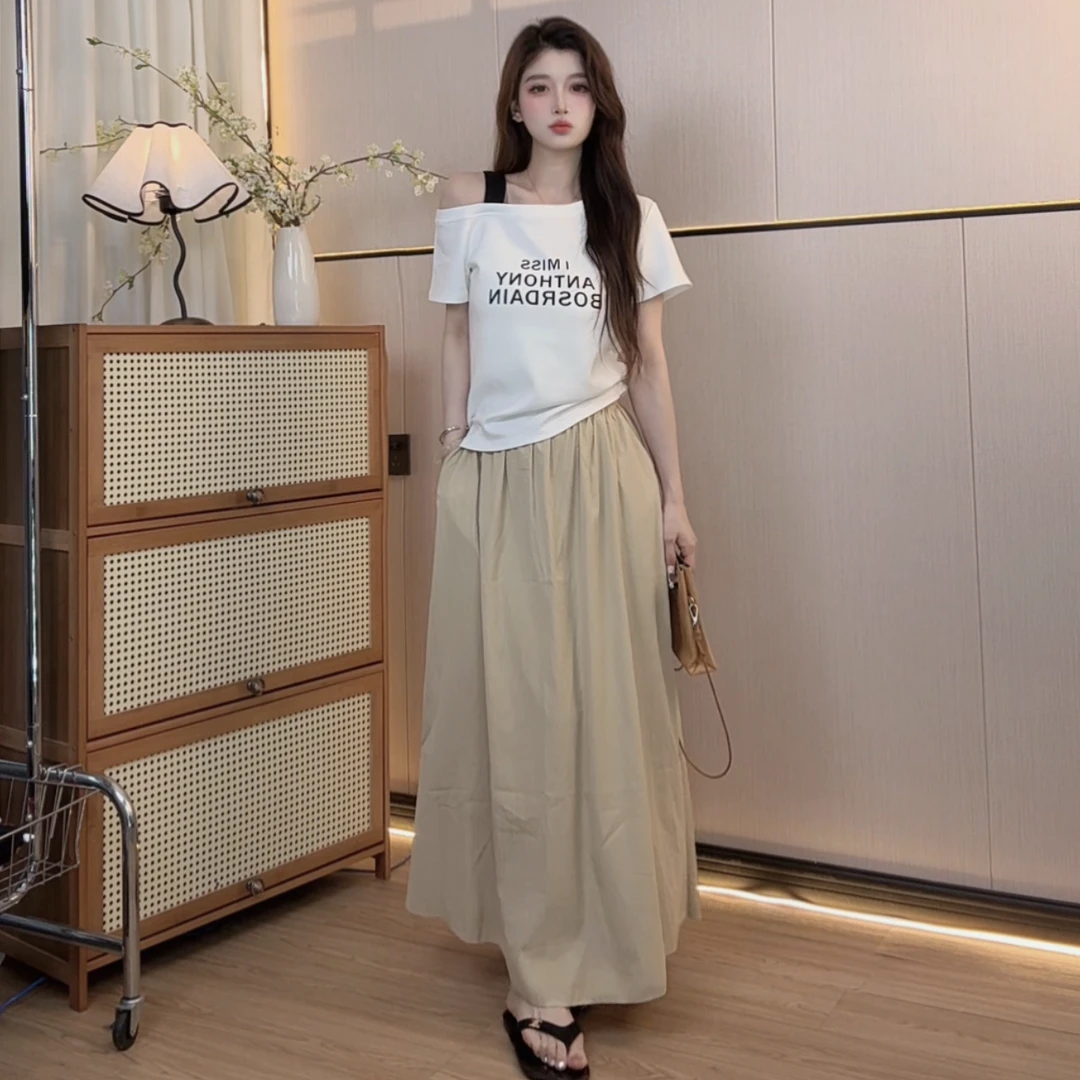 百搭短袖时尚套装夏季韩版高腰休闲风长裙宽松上衣