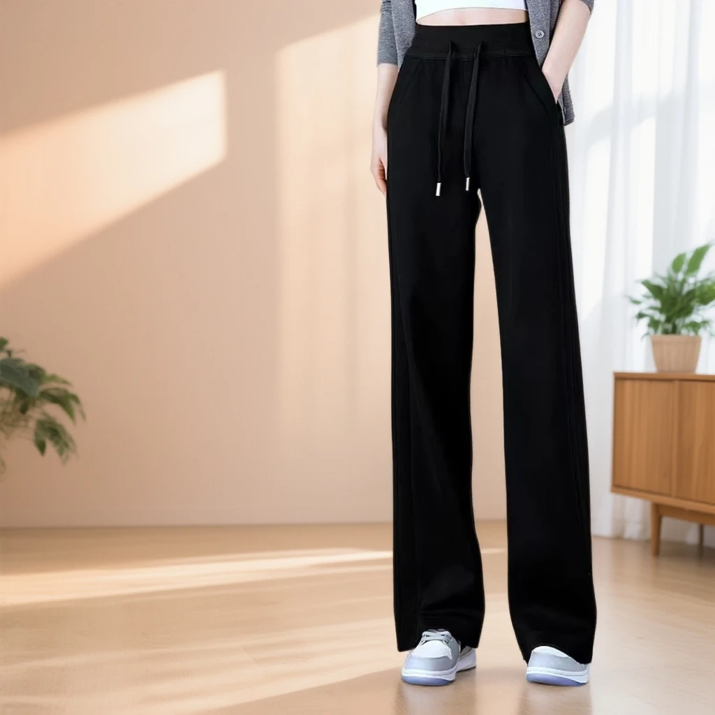 0099女士冬季新款加绒加厚高腰抽绳直筒裤