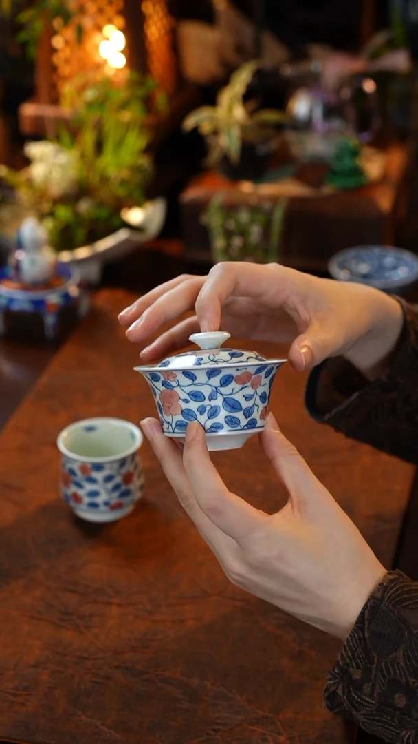 雨溪山房——牵牛花盖碗主人杯雨溪007纯手工蓝色主人杯