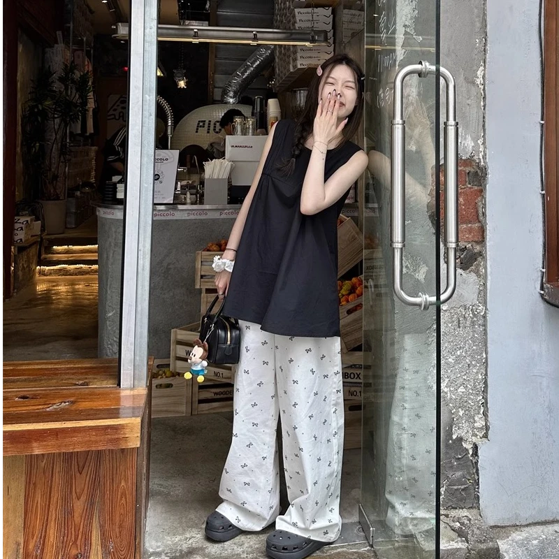 （默认次品 介意勿拍）蝴蝶结印花阔腿裤女百搭高腰显瘦直筒休闲裤
