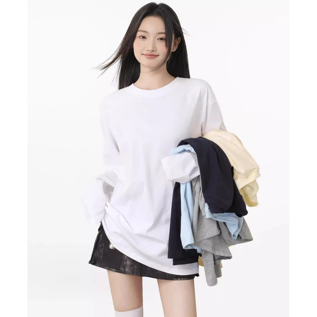 胖mm300斤大版白色正肩圆领长款内搭打底衫女宽松秋冬长袖t恤上衣