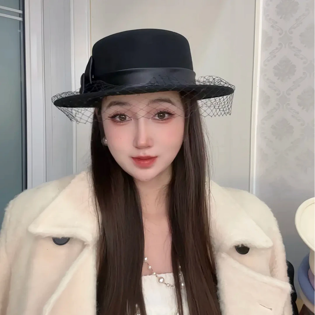 法式帽子女英伦名暖显脸小平檐晚宴礼帽秋冬季新款蝴蝶结爵士帽潮