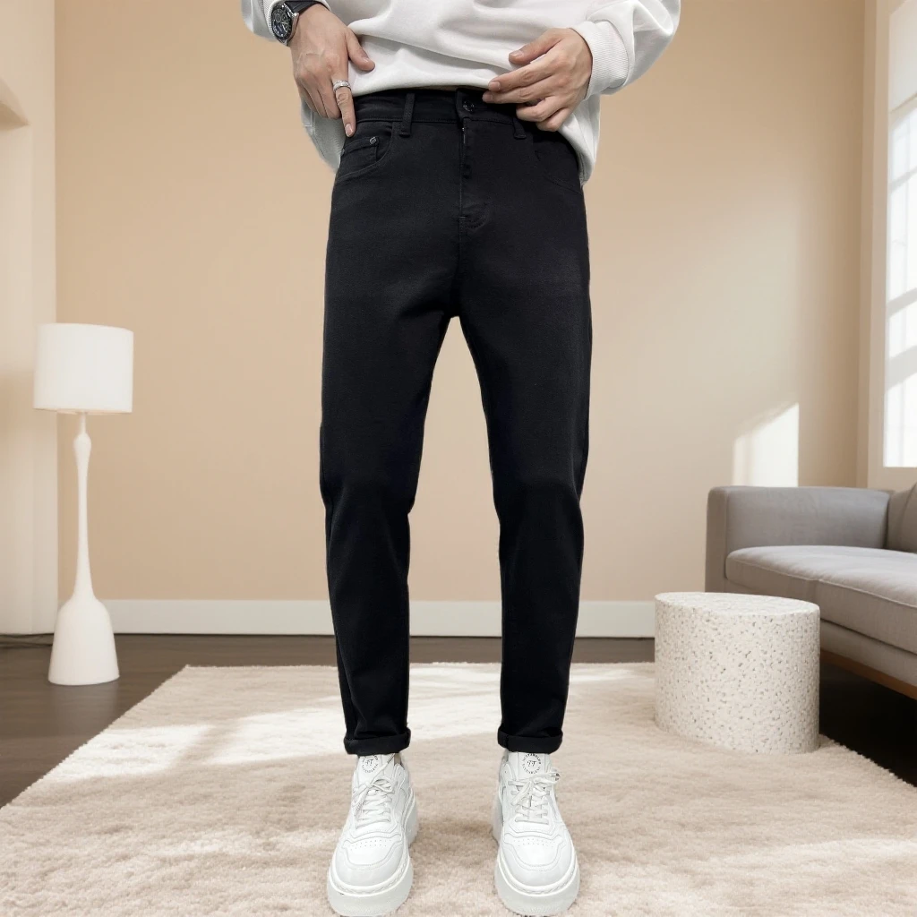 【防褪色】冬季款莱赛尔加绒黑色修身弹力百搭牛仔裤 （9379）